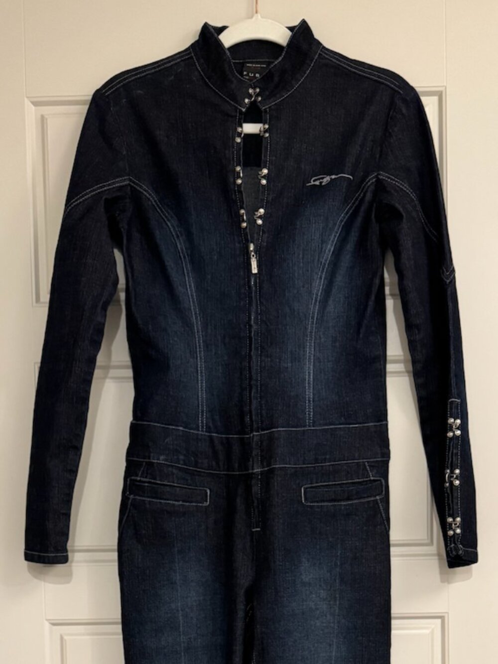 FUBU Denim Jean Jumpsuit Long Sleeve Hook Zipper Detail Y2K | size: W7/8